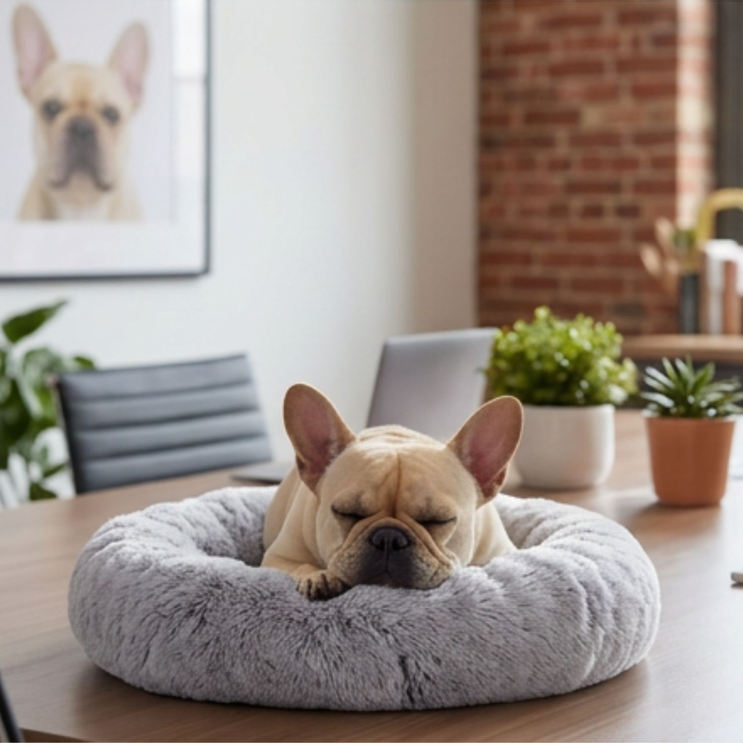 Fifi asleep on the conference table on her fluffy donut bed, a framed portrait of herself on the wall behind her