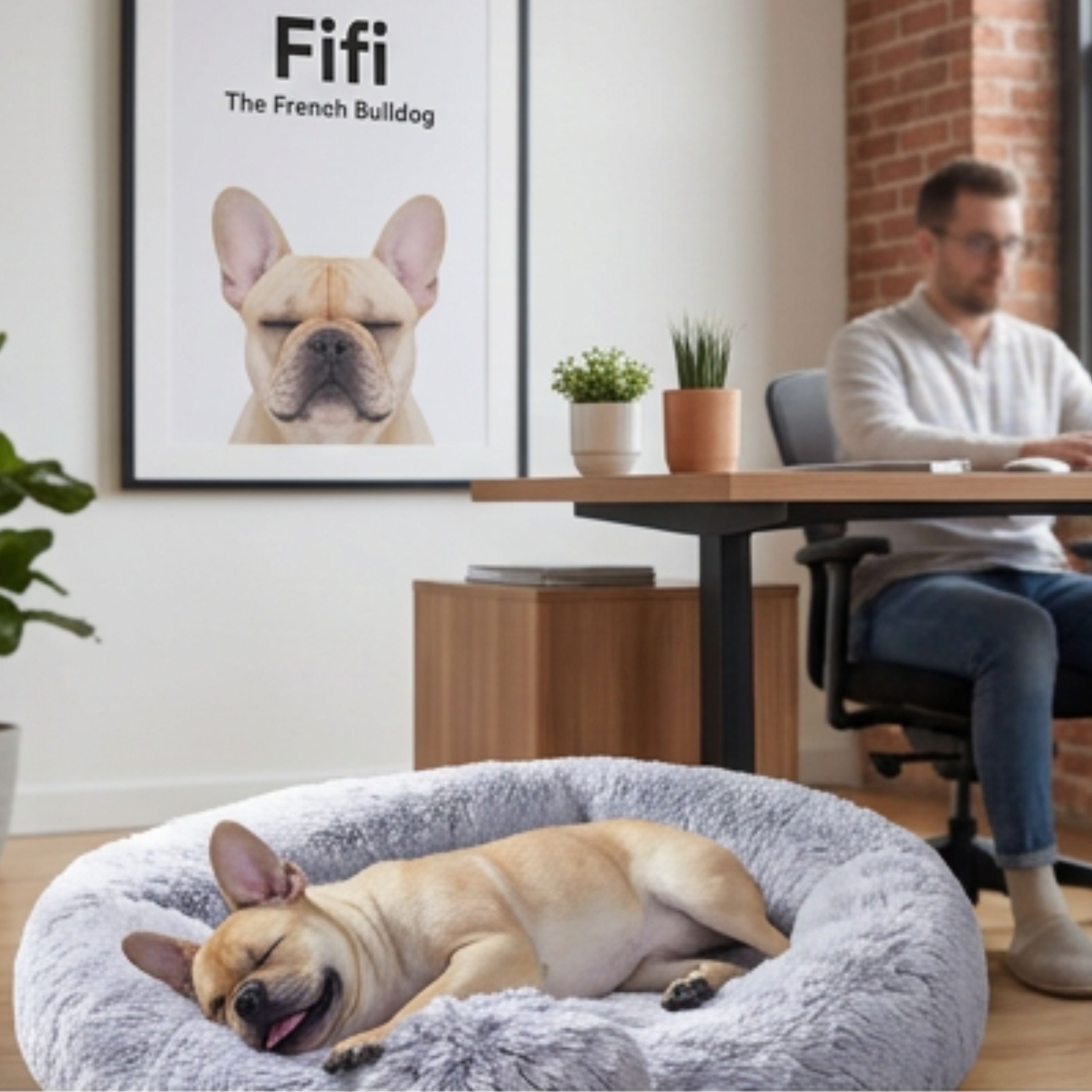Fifi supervising website development from her floor bed while a human works at a multi-monitor desk