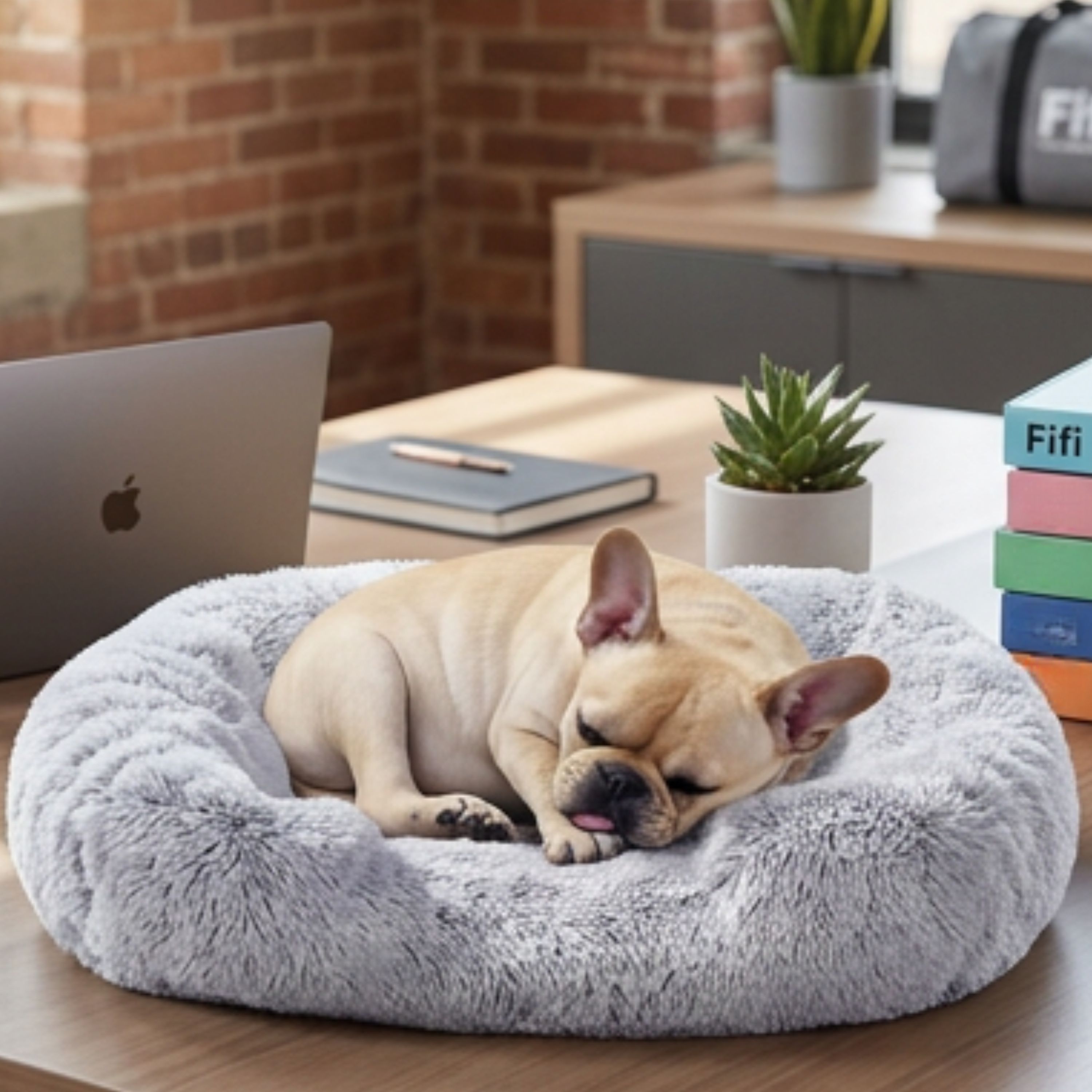 Fifi asleep on the desk right next to a MacBook, surrounded by Fifi-branded boxes
