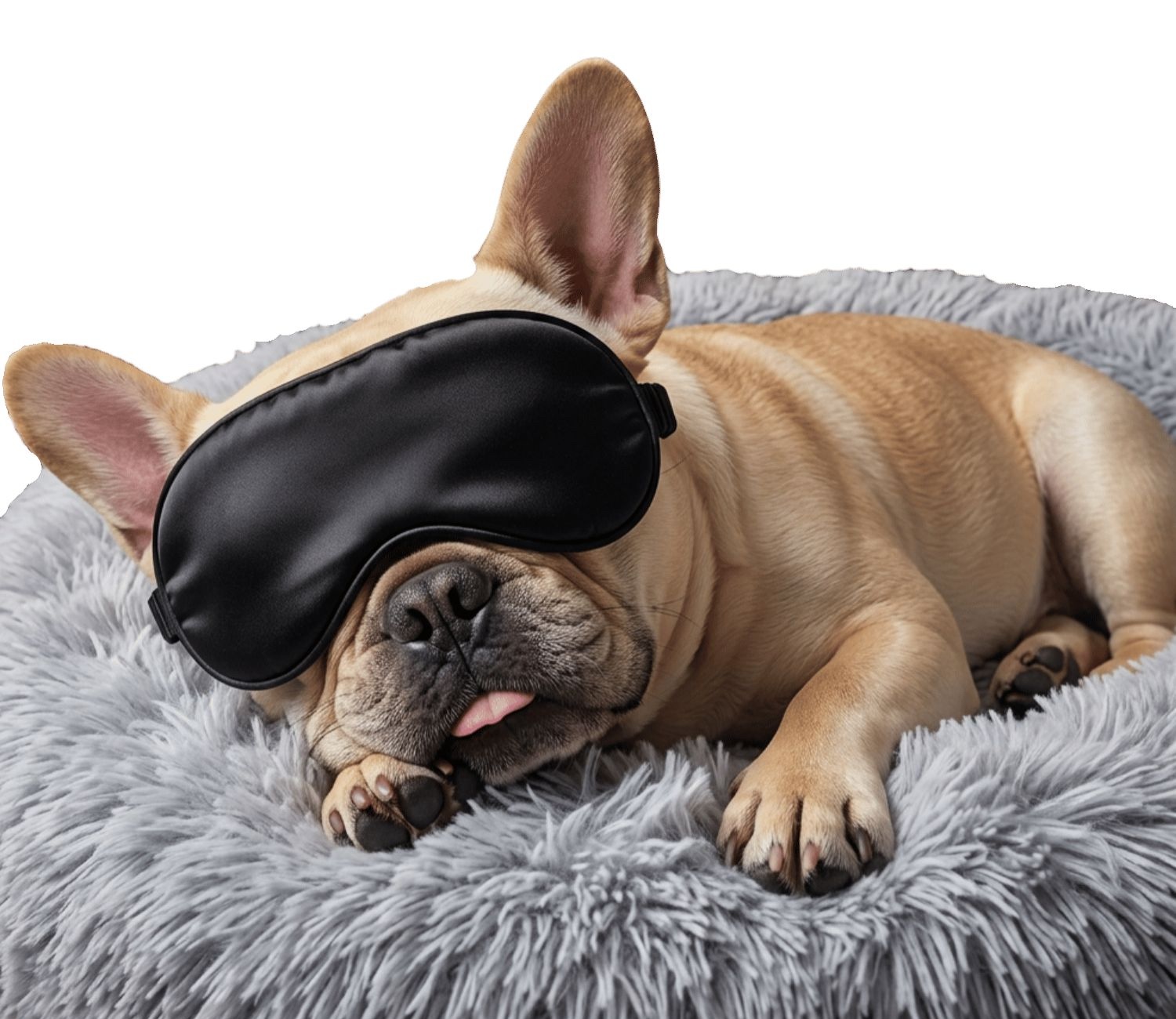 Fifi deeply asleep in her black silk sleep mask on a fluffy grey cloud bed