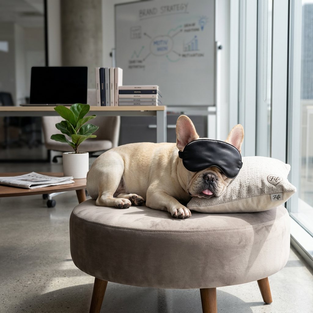 Fifi wearing a black sleep mask on her branded pillow with a strategy whiteboard visible behind her