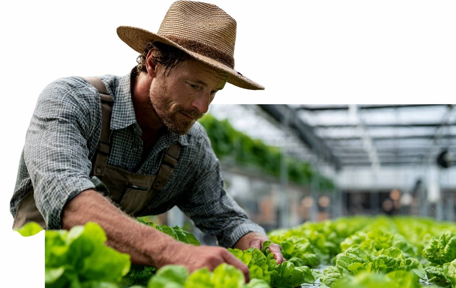 Best hydroponics kit company — grower tending lettuce in hydroponic greenhouse